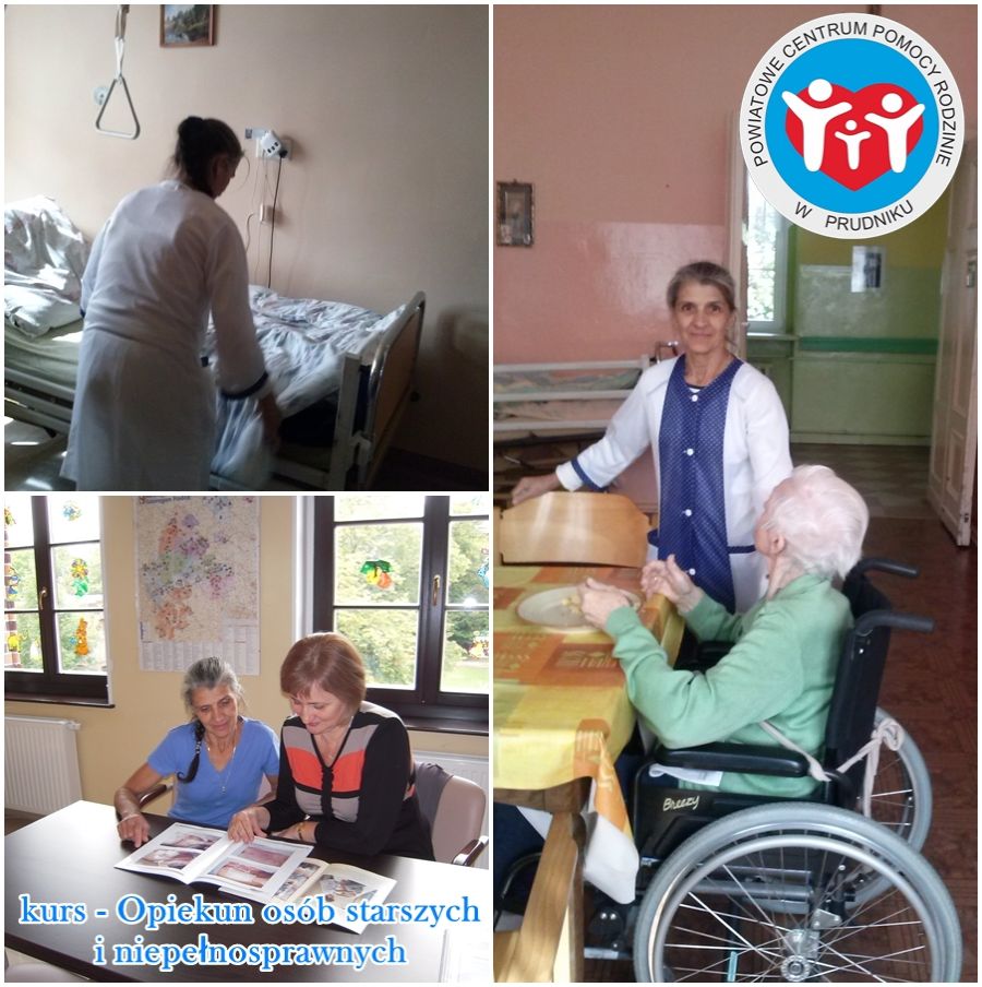 Obraz: Grafika złożona z trzech zdjęć z kursu na opiekuna osób starszych i niepełnosprawnych prezentująca na pierwszym zdjęciu kobietę w białym kitlu poprawiającą pościel na szpitalnym łóżku, na drugim dwie uczestniczki kursu przeglądające przy stole
