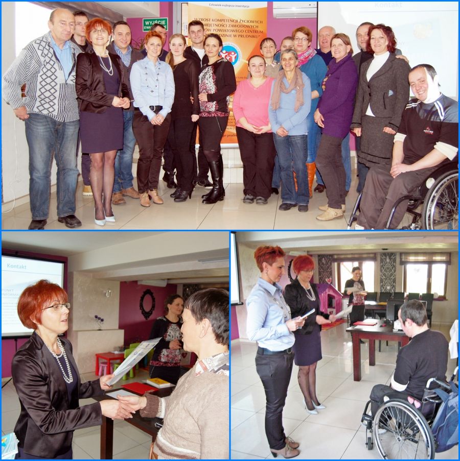 Obraz: Grafika składa się z 3 zdjęć 1 przedstawia zdjęcie grupowe uczestników projektu systewego; 2 i 3 przedstawia wręczenie certyfikatu ukończenia projektu przez kierownik PCPR w Prudniku kobiecie (zdjęcie 2) oraz mężczyźnie na wózku inwalidzkim